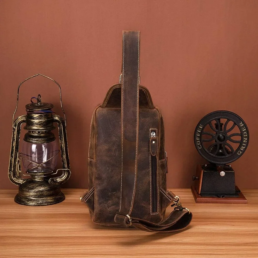 ✨Le'aokuu Men Brown Casual Travel Hiking Chest Bag Rig One Shoulder Strap Bags
